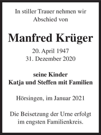 Traueranzeige von Manfred Krüger  von Magdeburger Volksstimme