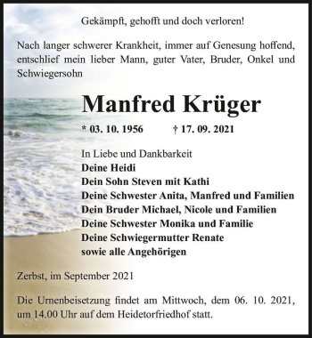 Traueranzeige von Manfred Krüger  von Magdeburger Volksstimme