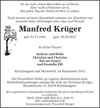 Traueranzeige von Manfred Krüger  von Magdeburger Volksstimme