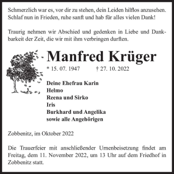 Traueranzeige von Manfred Krüger  von Magdeburger Volksstimme