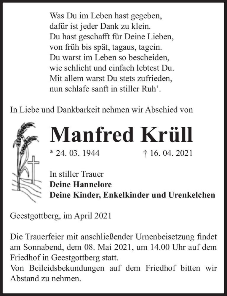  Traueranzeige für Manfred Krüll  vom 24.04.2021 aus Magdeburger Volksstimme