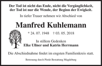 Traueranzeige von Manfred Kuhlemann  von Magdeburger Volksstimme