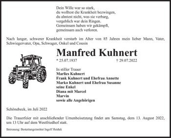 Traueranzeige von Manfred Kuhnert  von Magdeburger Volksstimme