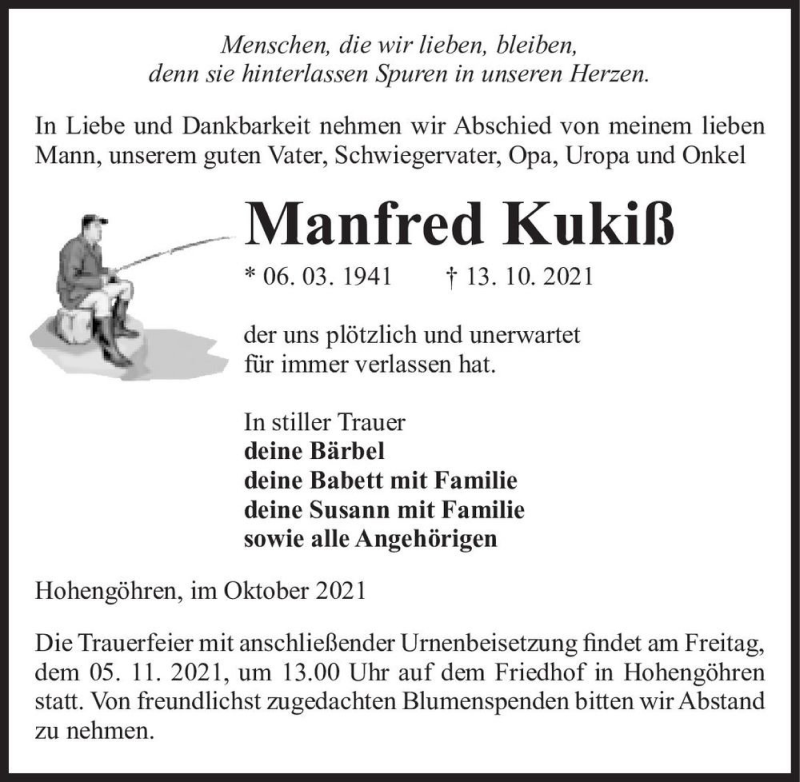  Traueranzeige für Manfred Kukiß  vom 23.10.2021 aus Magdeburger Volksstimme