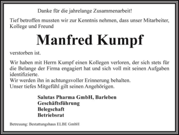 Traueranzeige von Manfred Kumpf  von Magdeburger Volksstimme