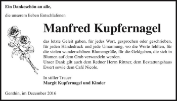 Traueranzeige von Manfred Kupfernagel  von Magdeburger Volksstimme