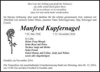 Traueranzeige von Manfred Kupfernagel  von Magdeburger Volksstimme