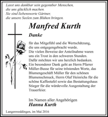 Traueranzeige von Manfred Kurth  von Magdeburger Volksstimme