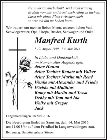 Traueranzeige von Manfred Kurth  von Magdeburger Volksstimme
