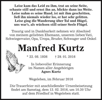 Traueranzeige von Manfred Kurtz  von Magdeburger Volksstimme