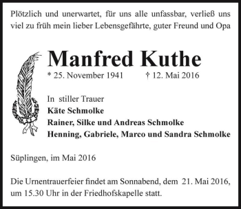 Traueranzeige von Manfred Kuthe  von Magdeburger Volksstimme