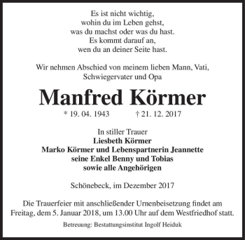Traueranzeige von Manfred Körmer  von Magdeburger Volksstimme