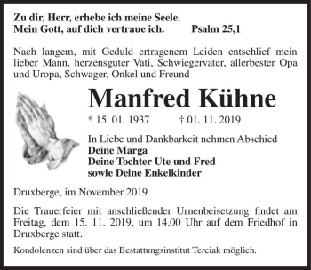 Traueranzeige von Manfred Kühne  von Magdeburger Volksstimme