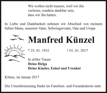 Traueranzeige von Manfred Künzel  von Magdeburger Volksstimme