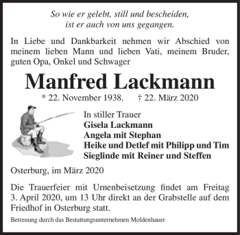 Traueranzeige von Manfred Lackmann  von Magdeburger Volksstimme