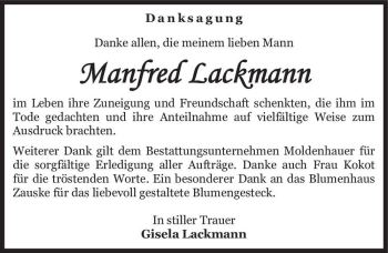 Traueranzeige von Manfred Lackmann  von Magdeburger Volksstimme