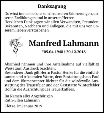Traueranzeige von Manfred Lahmann  von Magdeburger Volksstimme