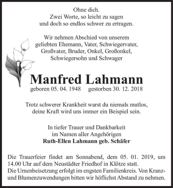 Traueranzeige von Manfred Lahmann  von Magdeburger Volksstimme