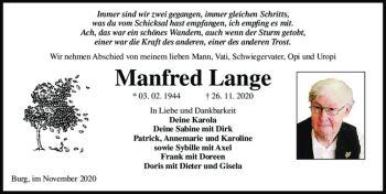 Traueranzeige von Manfred Lange  von Magdeburger Volksstimme