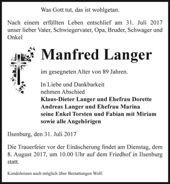 Traueranzeige von Manfred Langer  von Magdeburger Volksstimme