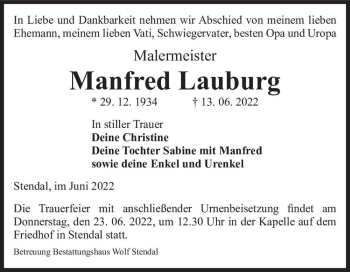 Traueranzeige von Manfred Lauburg  von Magdeburger Volksstimme