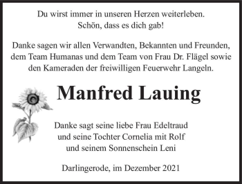 Traueranzeige von Manfred Lauing  von Magdeburger Volksstimme