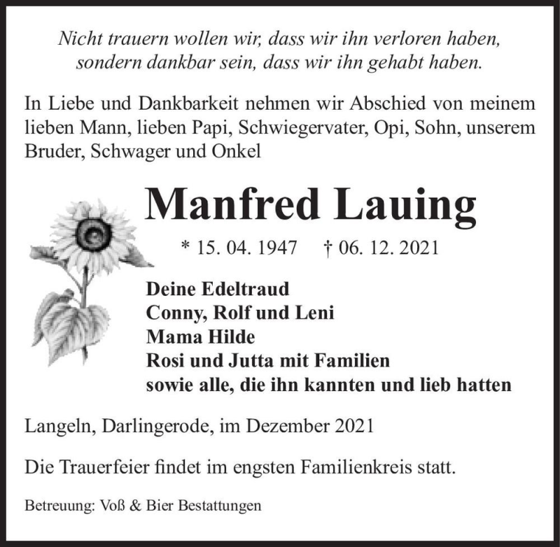  Traueranzeige für Manfred Lauing  vom 11.12.2021 aus Magdeburger Volksstimme