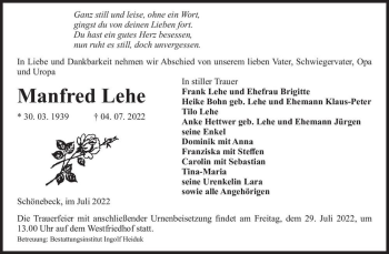 Traueranzeige von Manfred Lehe  von Magdeburger Volksstimme