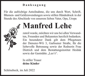 Traueranzeige von Manfred Lehe  von Magdeburger Volksstimme