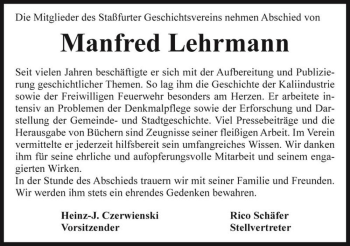 Traueranzeige von Manfred Lehrmann  von Magdeburger Volksstimme