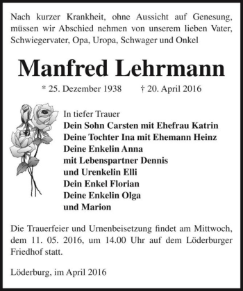 Traueranzeige von Manfred Lehrmann  von Magdeburger Volksstimme