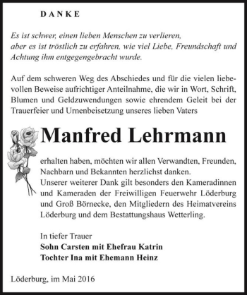 Traueranzeige von Manfred Lehrmann  von Magdeburger Volksstimme