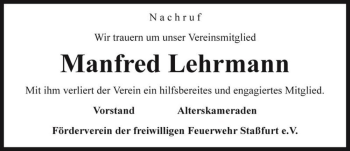 Traueranzeige von Manfred Lehrmann  von Magdeburger Volksstimme