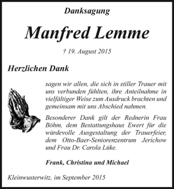 Traueranzeige von Manfred Lemme  von Magdeburger Volksstimme