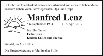 Traueranzeige von Manfred Lenz  von Magdeburger Volksstimme