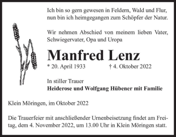 Traueranzeige von Manfred Lenz  von Magdeburger Volksstimme