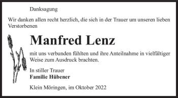 Traueranzeige von Manfred Lenz  von Magdeburger Volksstimme