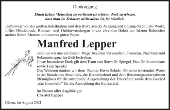 Traueranzeige von Manfred Lepper  von Magdeburger Volksstimme