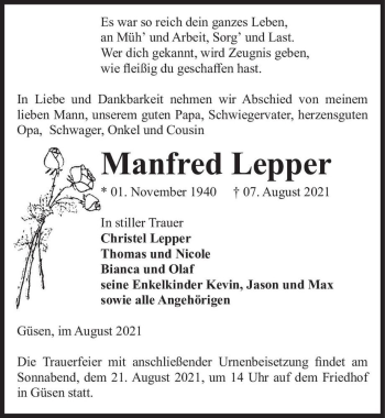 Traueranzeige von Manfred Lepper  von Magdeburger Volksstimme