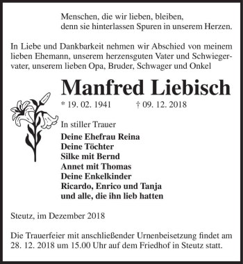 Traueranzeige von Manfred Liebisch  von Magdeburger Volksstimme