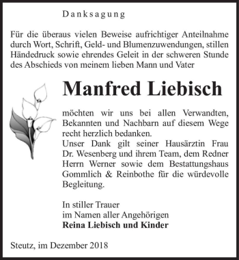 Traueranzeige von Manfred Liebisch  von Magdeburger Volksstimme