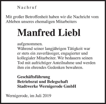 Traueranzeige von Manfred Liebl  von Magdeburger Volksstimme