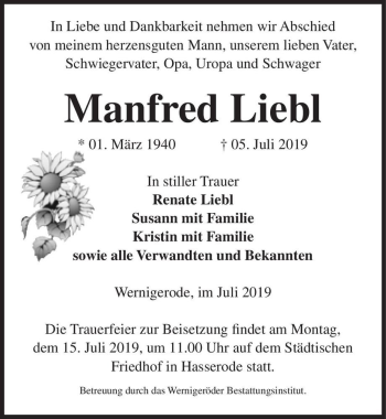 Traueranzeige von Manfred Liebl  von Magdeburger Volksstimme