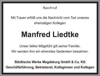 Traueranzeige von Manfred Liedtke  von Magdeburger Volksstimme