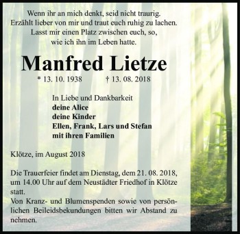 Traueranzeige von Manfred Lietze  von Magdeburger Volksstimme