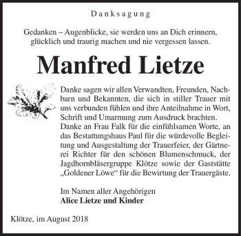 Traueranzeige von Manfred Lietze  von Magdeburger Volksstimme