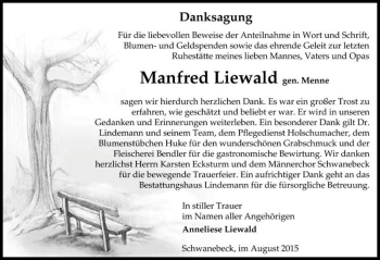 Traueranzeige von Manfred Liewald (gen. Menne)  von Magdeburger Volksstimme