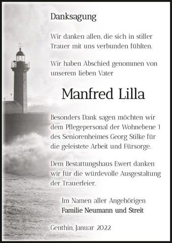 Traueranzeige von Manfred Lilla  von Magdeburger Volksstimme