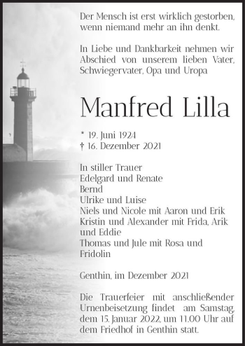 Traueranzeige von Manfred Lilla  von Magdeburger Volksstimme