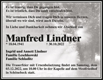 Traueranzeige von Manfred Lindner  von Magdeburger Volksstimme